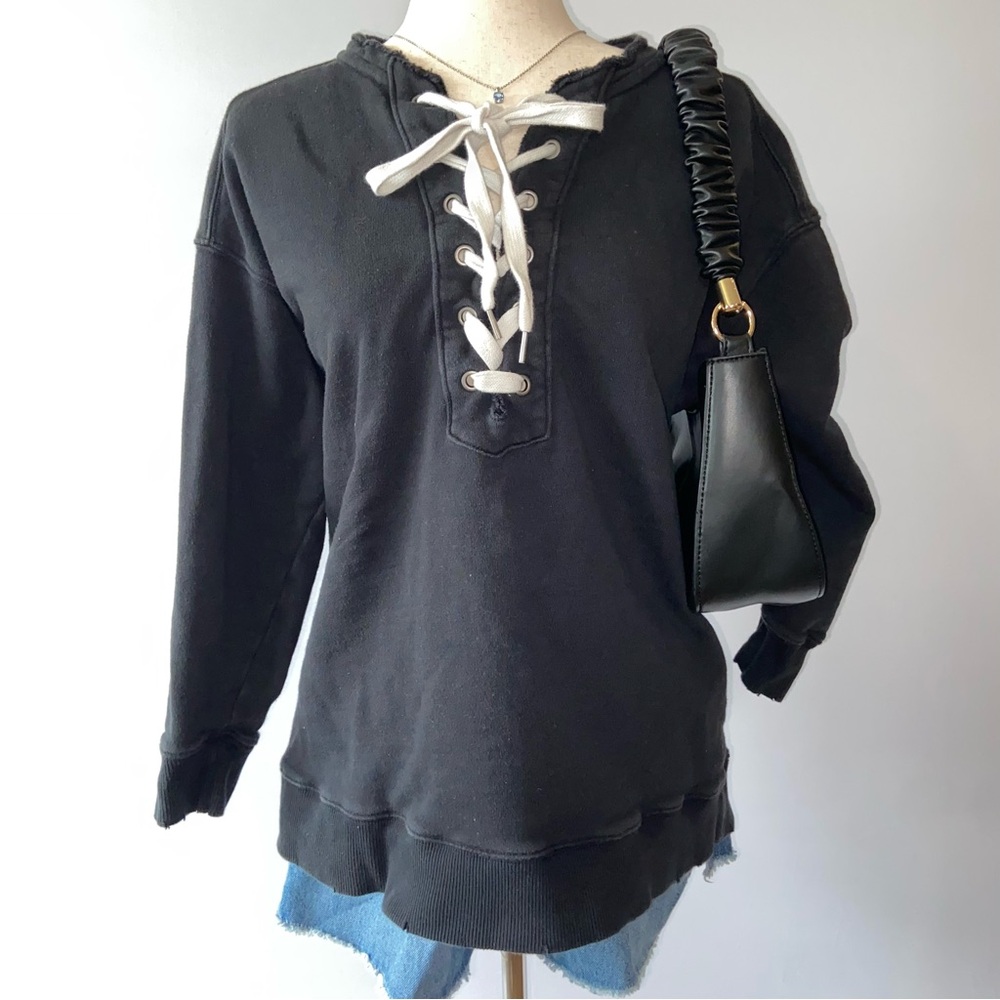 Aerie Black Crew Neck Sweatshirt With White Lace Tie Front Size Small